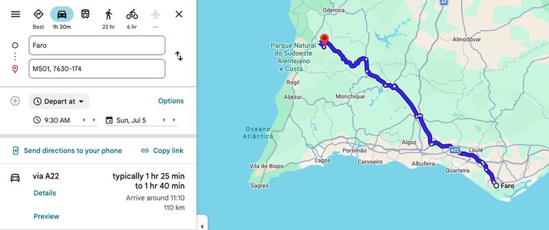 Driving route from Faro to Alentejo Eco-Farm