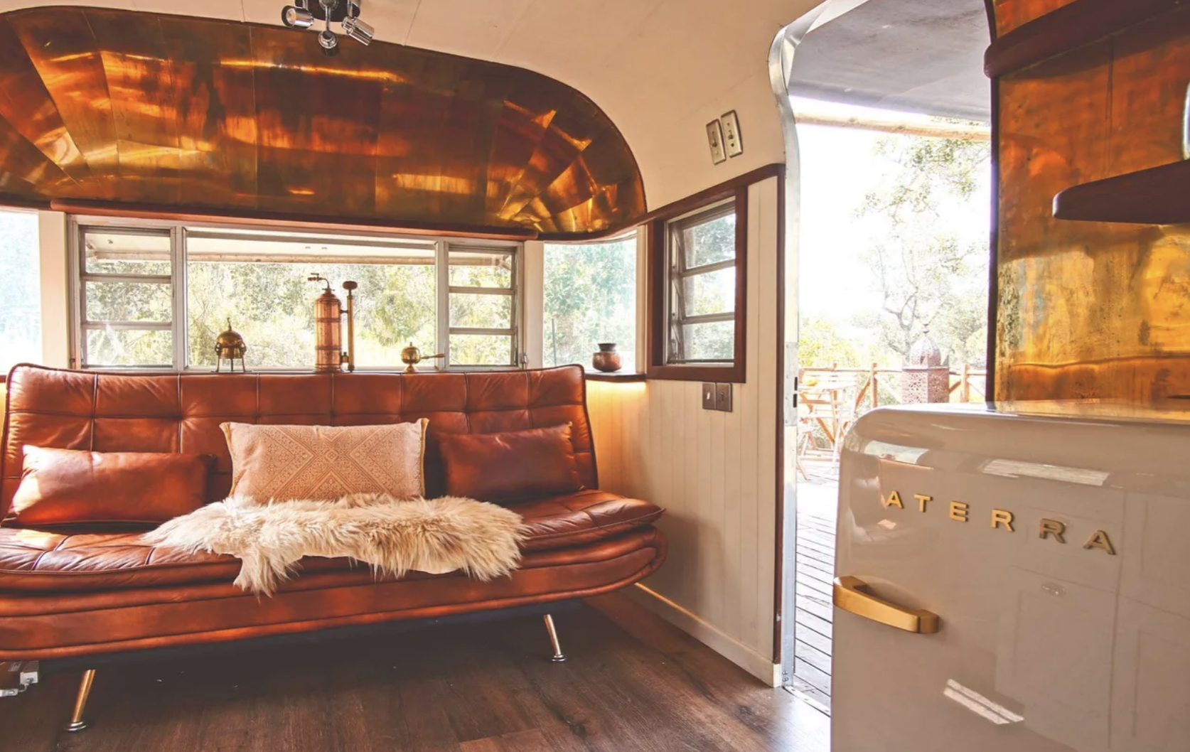 Silvia Airstream interior with ATERRA-branded fridge