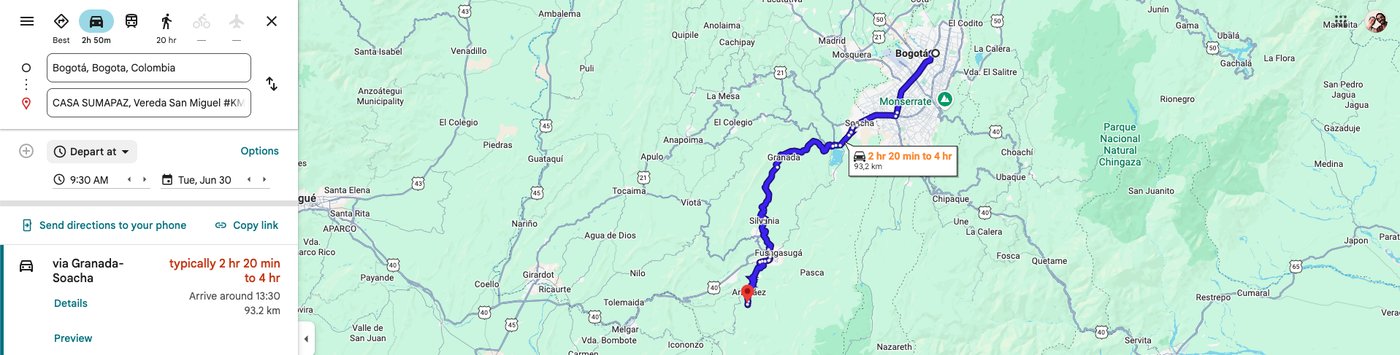 Driving route from Bogot&aacute; to Casa Sumapaz