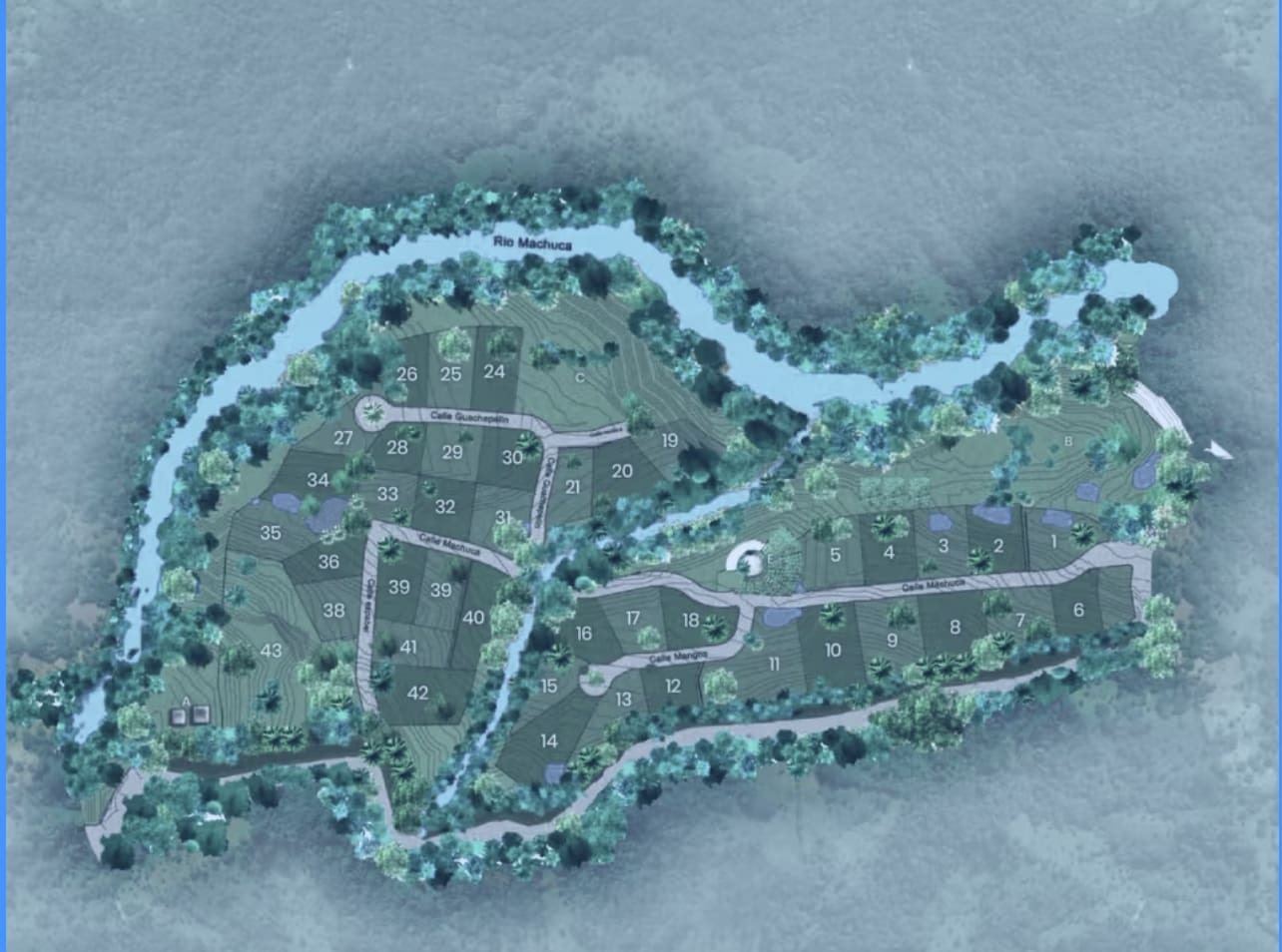 Map of La Ecovilla village layout showing lots and the Rio Machuca river